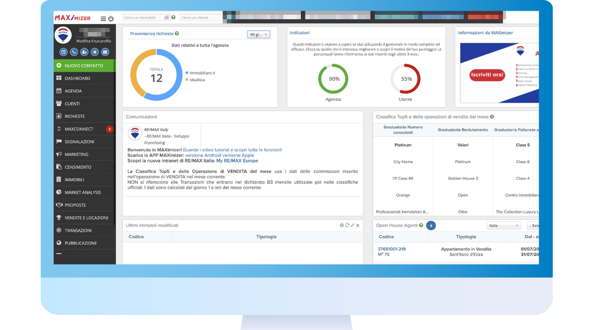 Home page del gestionale Maximizer 