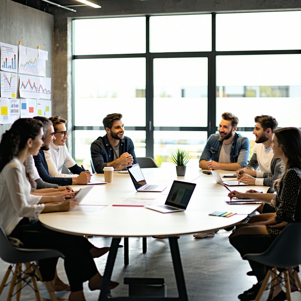 In a modern conference room several REMAX real estate agents are gathered around a large oval table The room is welllit with large windows allowing natural light to flood in The agents a diverse group of men and women of various ages and ethnicities